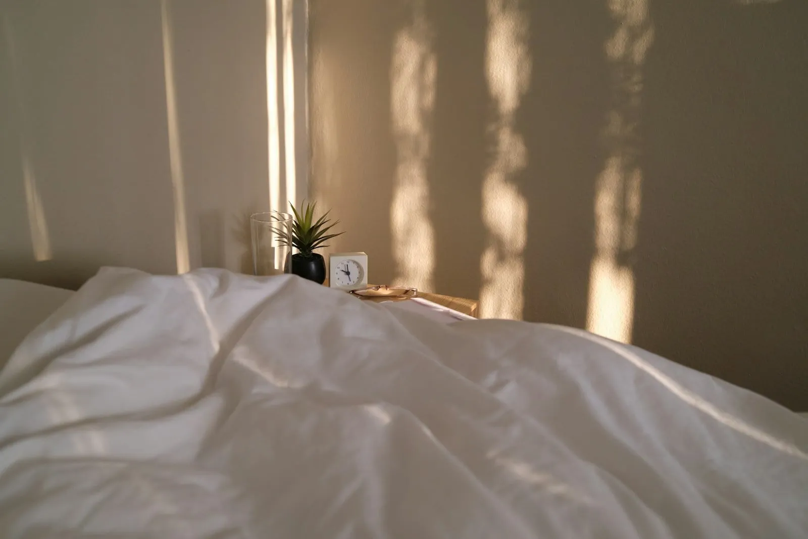 Un lit fait de frais, couette et draps blancs, une plante sur la table de chevet, dans la lumière du matin